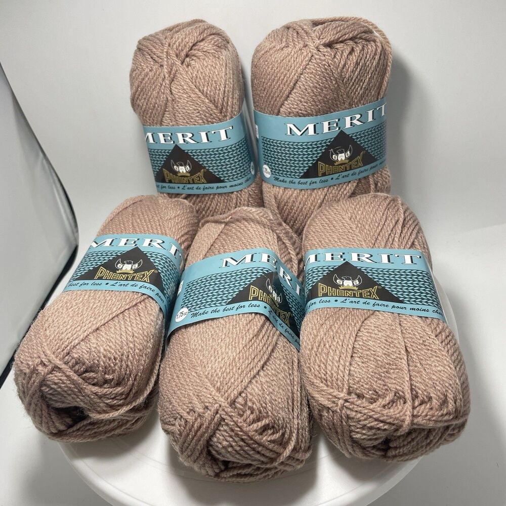 Lot of 5 Skeins Phentex Merit Yarn Thrush Tan 406/109 3-Ply Worsted 100% Acrylic
